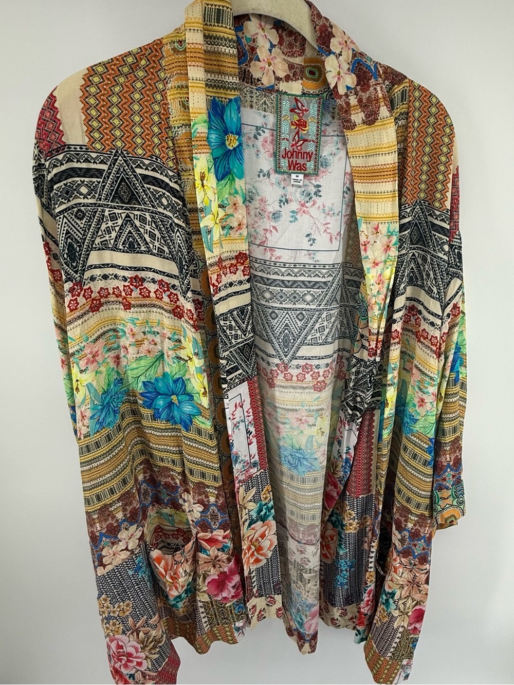 Johnny Was Boho Patchwork Floral Geometric Kimono Cardigan Size M